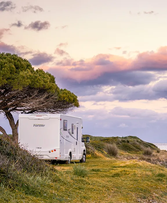 Wohnmobil steht unter einem Baum an einer felsigen Küste, mit Blick auf das Meer und Sonnenuntergangshimmel.